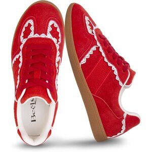 Casual Red Sneakers Women with Lace Detail Ribbon Leather Upper Memory Foam